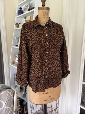 Talbots Petite Leopard-Print Button Blouse in Brown and Black